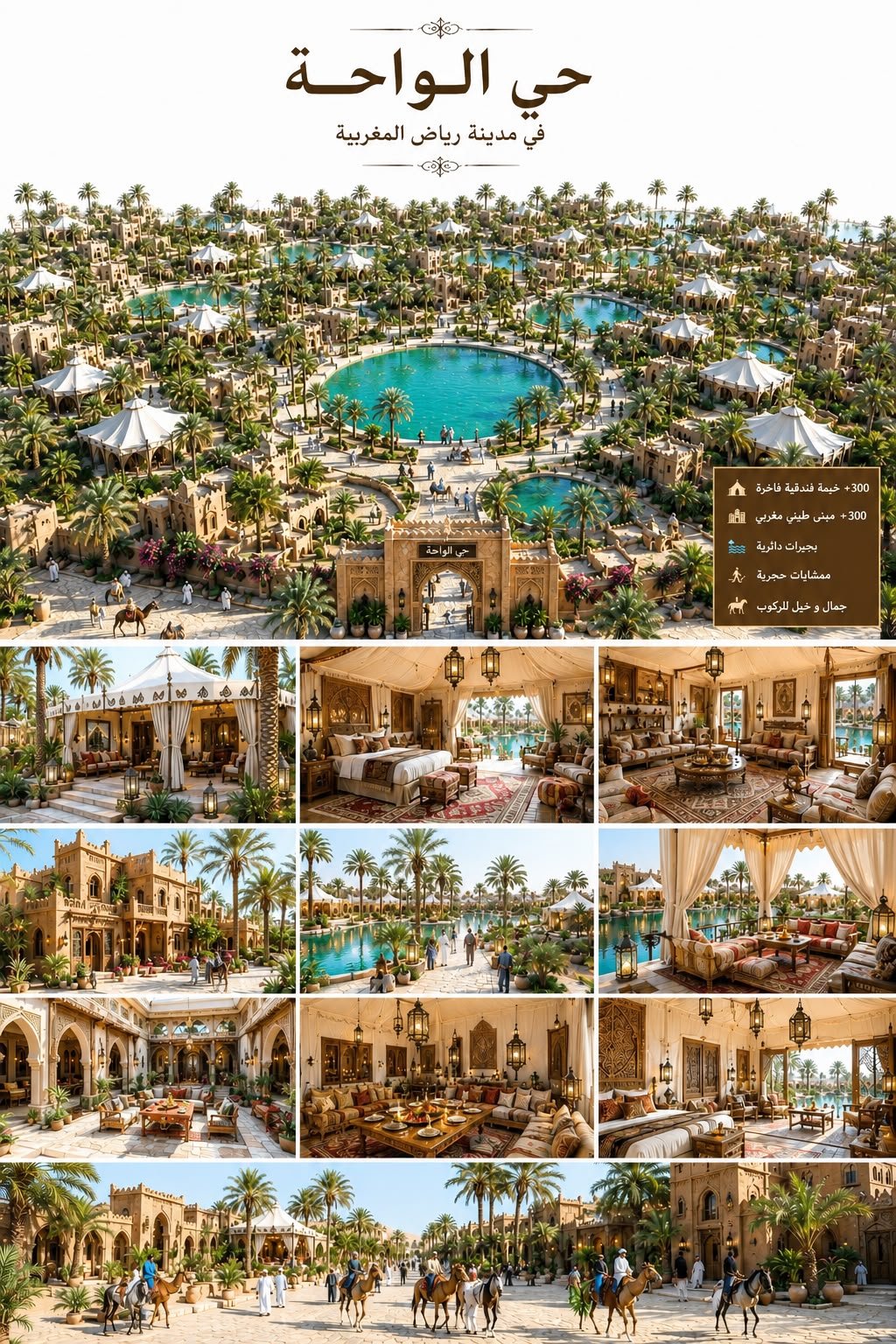 تصور معماري لبوابة مغربية تطل على واحة النخيل والمياه